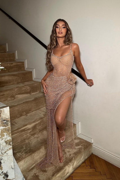 Sexy Ballkleid mit einfachen Pailletten, Spaghettiträger, langer Schlitz