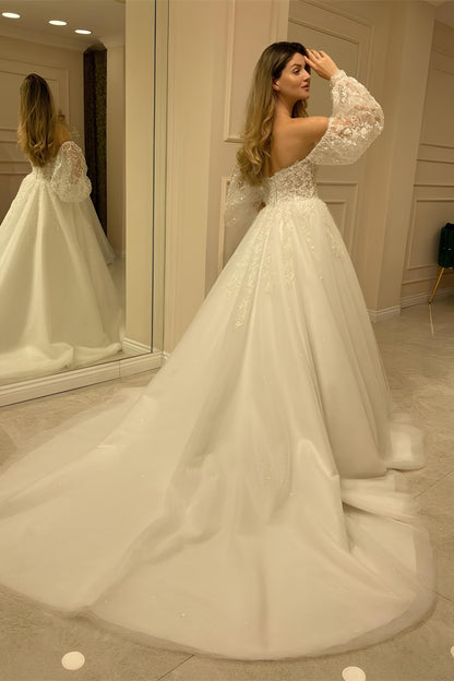 Romantische Hochzeitskleider A-Linie Brautkleid mit Spitzenärmeln