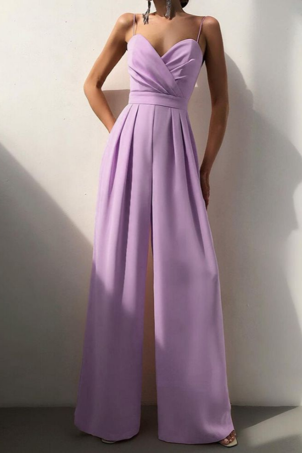 Glamouröser, ärmelloser Overall mit weitem Bein und Spaghettiträgern in Lila