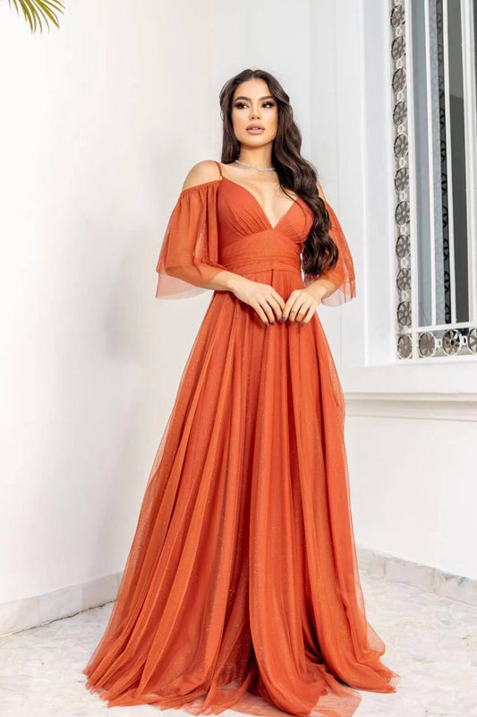 Boho-Tüll-Abschlussballkleid mit Spaghettiträgern in A-Linie