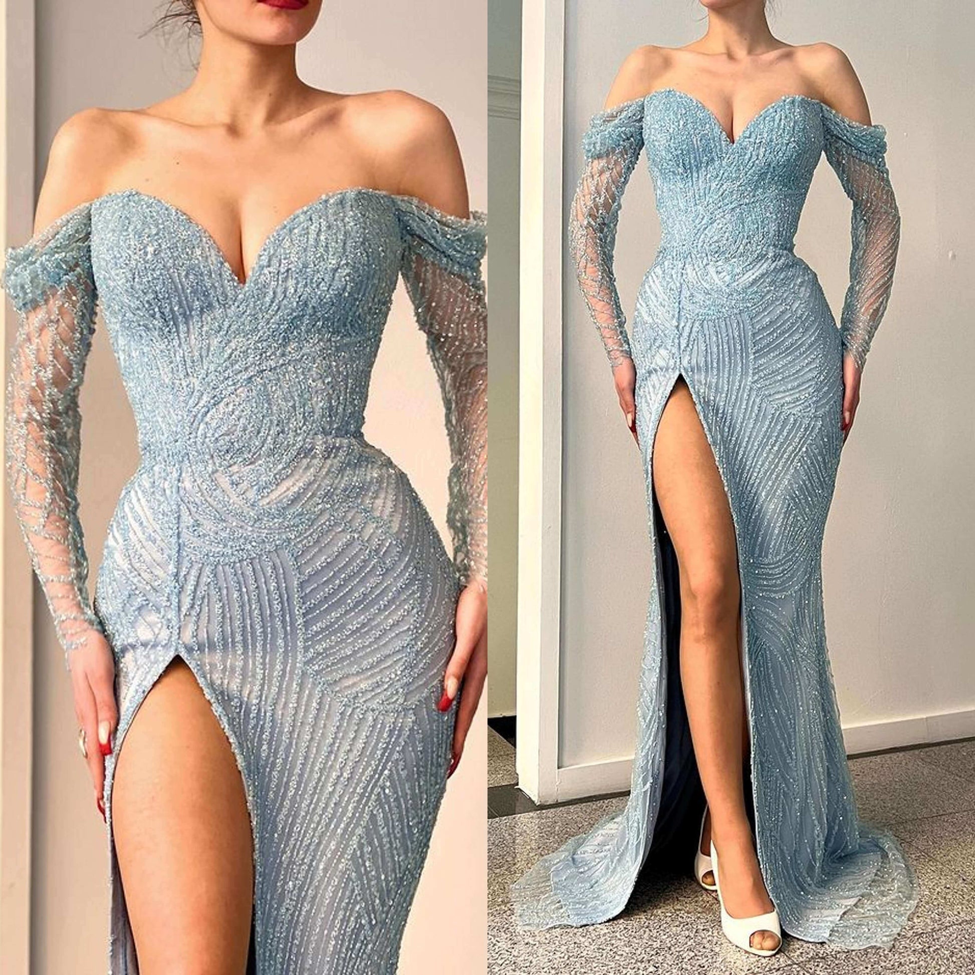 Atemberaubendes, schulterfreies Abendkleid im Meerjungfrau-Stil mit langen Ärmeln und herzförmiger Verzierung