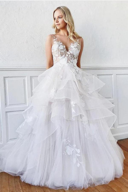 Bescheidenes langes Brautkleid mit V-Ausschnitt und Spaghettiträgern in A-Linie