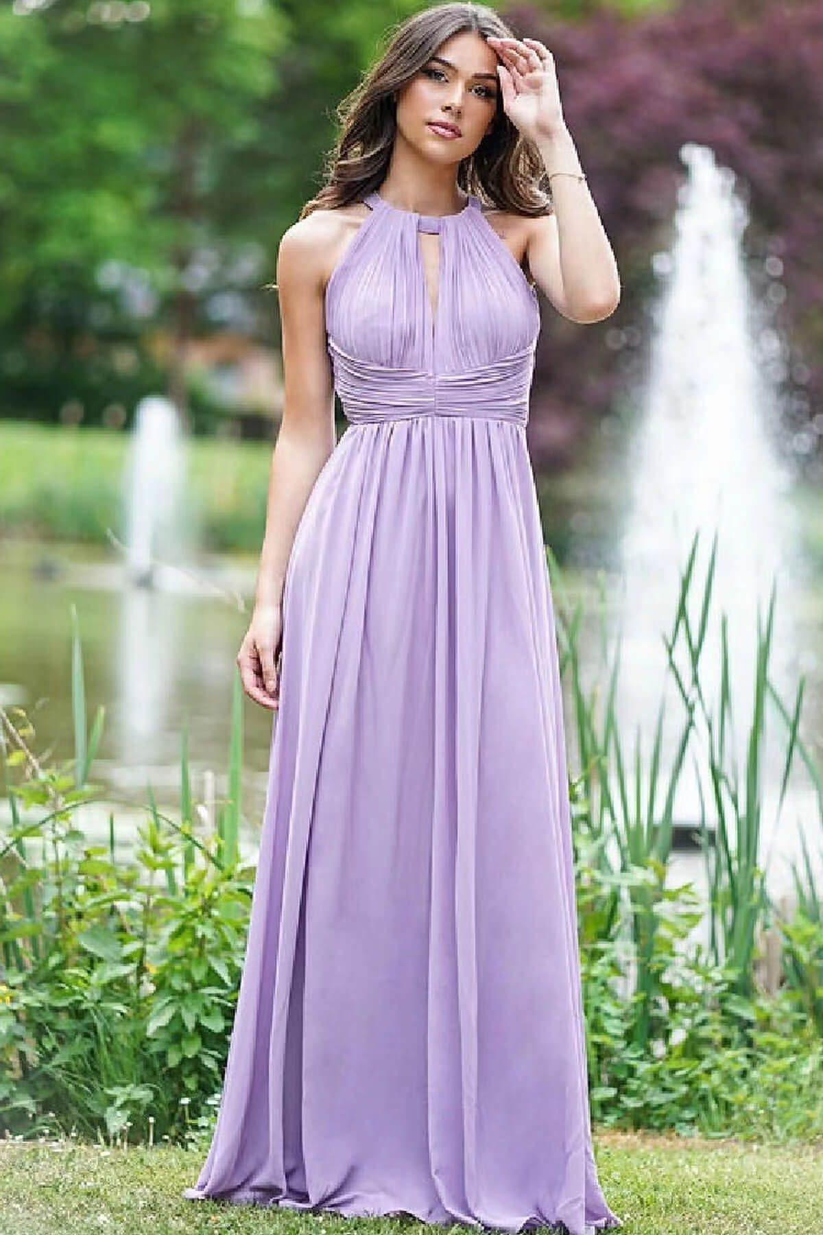 Elegantes, fliederfarbenes, ärmelloses Abendkleid in A-Linie online mit offenem Rücken