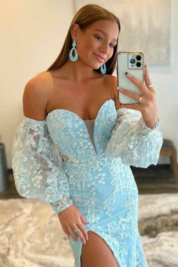Bezauberndes Abendkleid mit Applikationen, V-Ausschnitt, halben Ärmeln und Schlitz