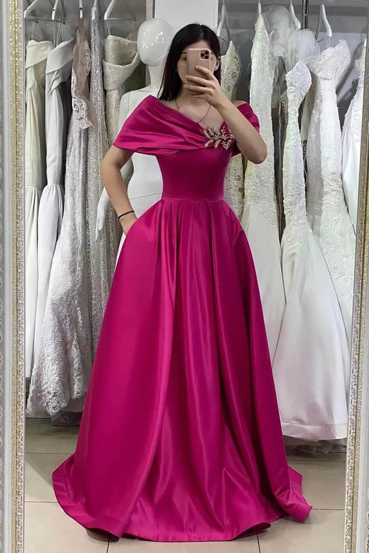 Wunderschönes fuchsiafarbenes, schulterfreies A-Linie-Abschlussballkleid im Meerjungfrau-Stil mit Perlenverzierung online