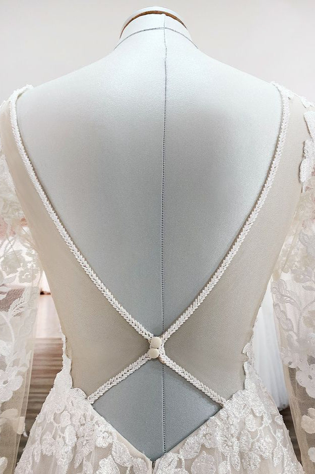 A-Linien-Hochzeitskleid aus Spitze mit langen Ärmeln, offenem Rücken und Tüllapplikationen