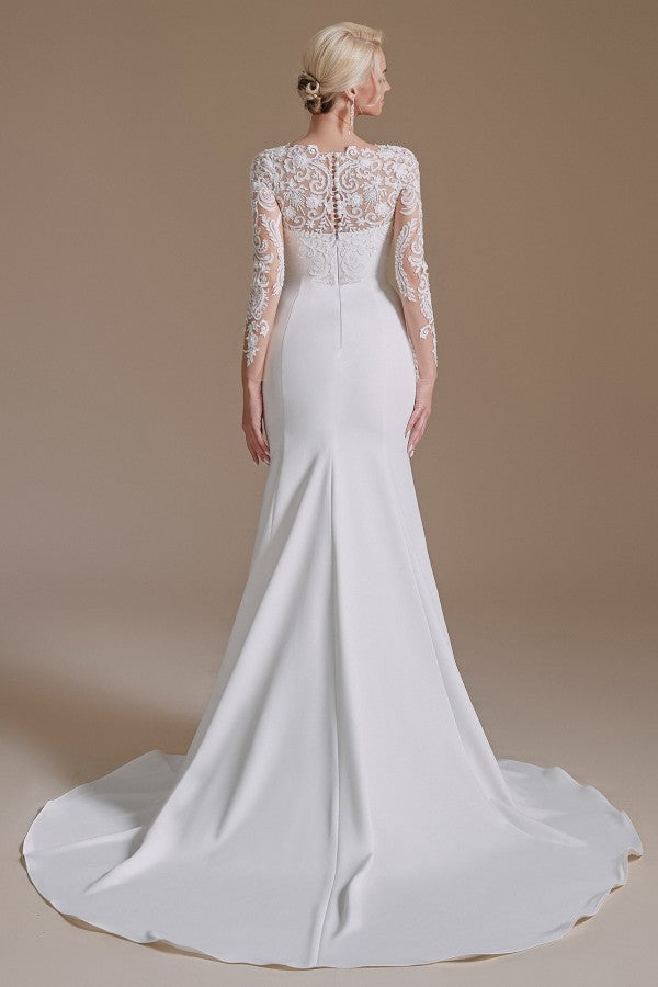 Langes Meerjungfrau-Brautkleid aus Juwel-Satin und Spitze mit Ärmeln