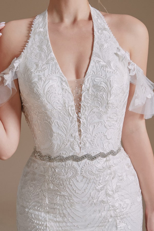 Elegantes, langes, bodenlanges Brautkleid aus Tüll mit Neckholder und Applikationen aus Spitze im Meerjungfrau-Stil