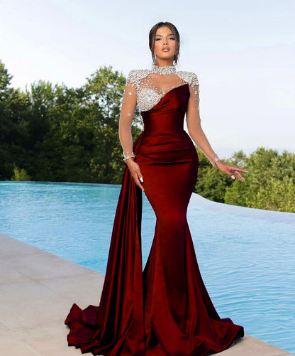 Lila Abendkleid im Meerjungfrau-Stil, lang, aus Satin mit Schleppe, langen Ärmeln