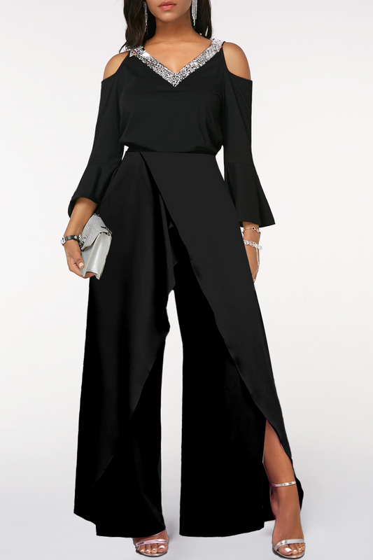 Damen-Overall mit Schlitz und Pailletten, einfarbig, V-Ausschnitt, elegant, weites Bein, lockere Ärmel, Glockenärmel