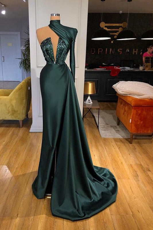 Dunkelgrünes, einschultriges, langes Ballkleid mit Pailletten