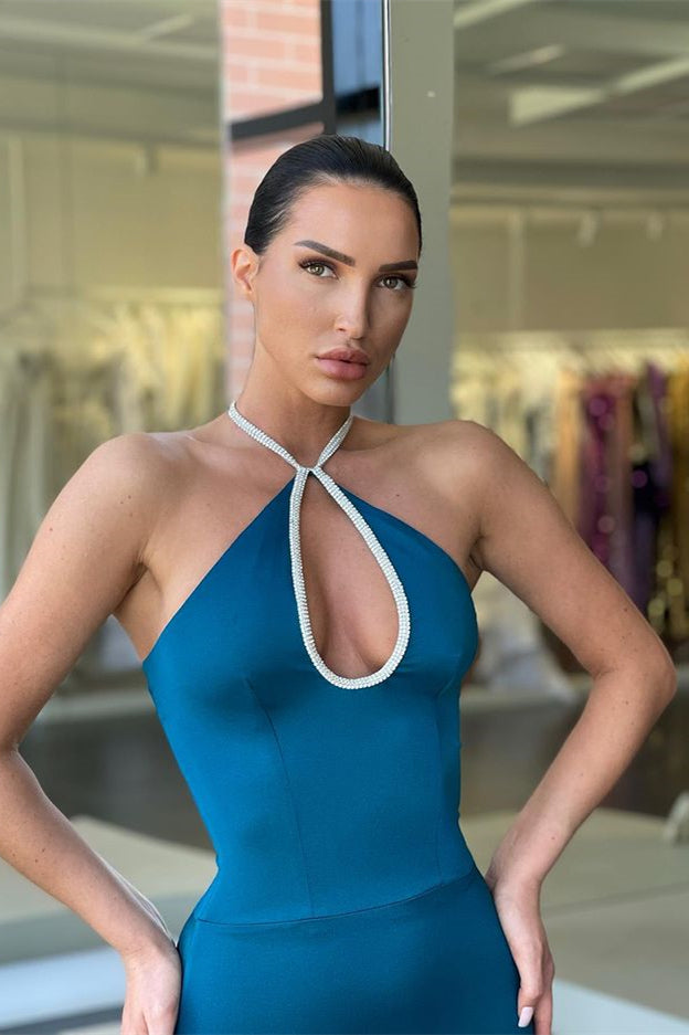 Dunkelblaues, ärmelloses, langes Meerjungfrau-Abschlussballkleid mit Neckholder