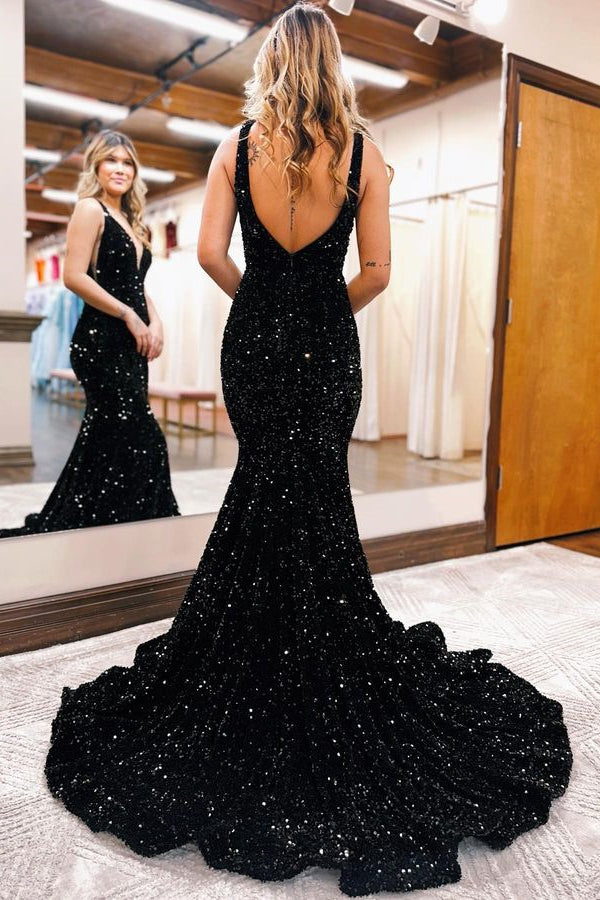 Bezauberndes, langes Meerjungfrau-Abendkleid mit V-Ausschnitt und Pailletten