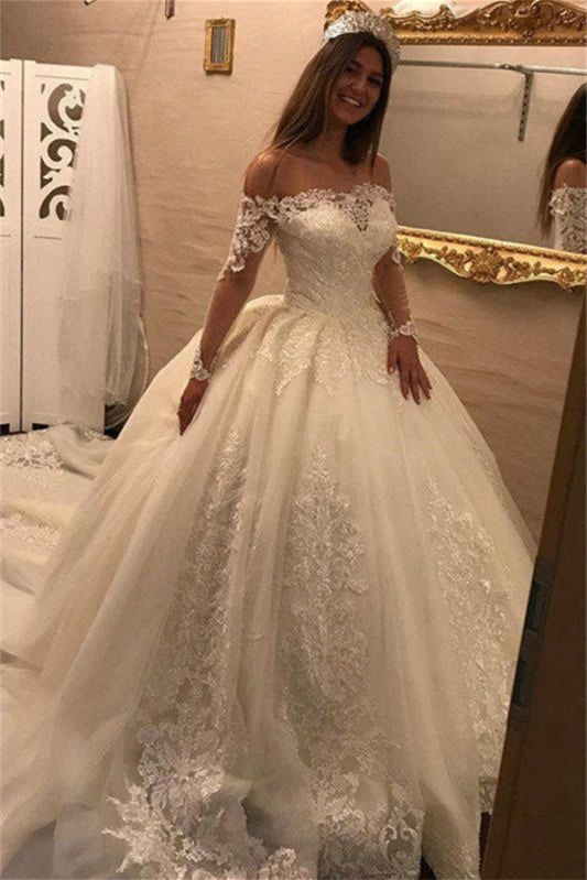 Schulterfreies Ballkleid-Brautkleid mit langen Ärmeln und Spitzenapplikationen
