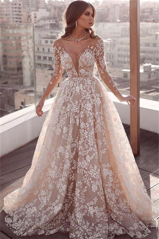 Langärmliges A-Linien-Brautkleid aus Tüll mit Spitzenapplikationen