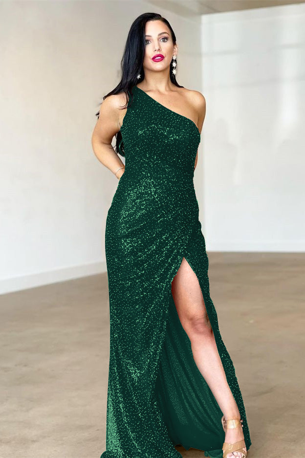 Burgunderrotes One-Shoulder-Schlitz-Meerjungfrau-Abendkleid mit Rückenfrei
