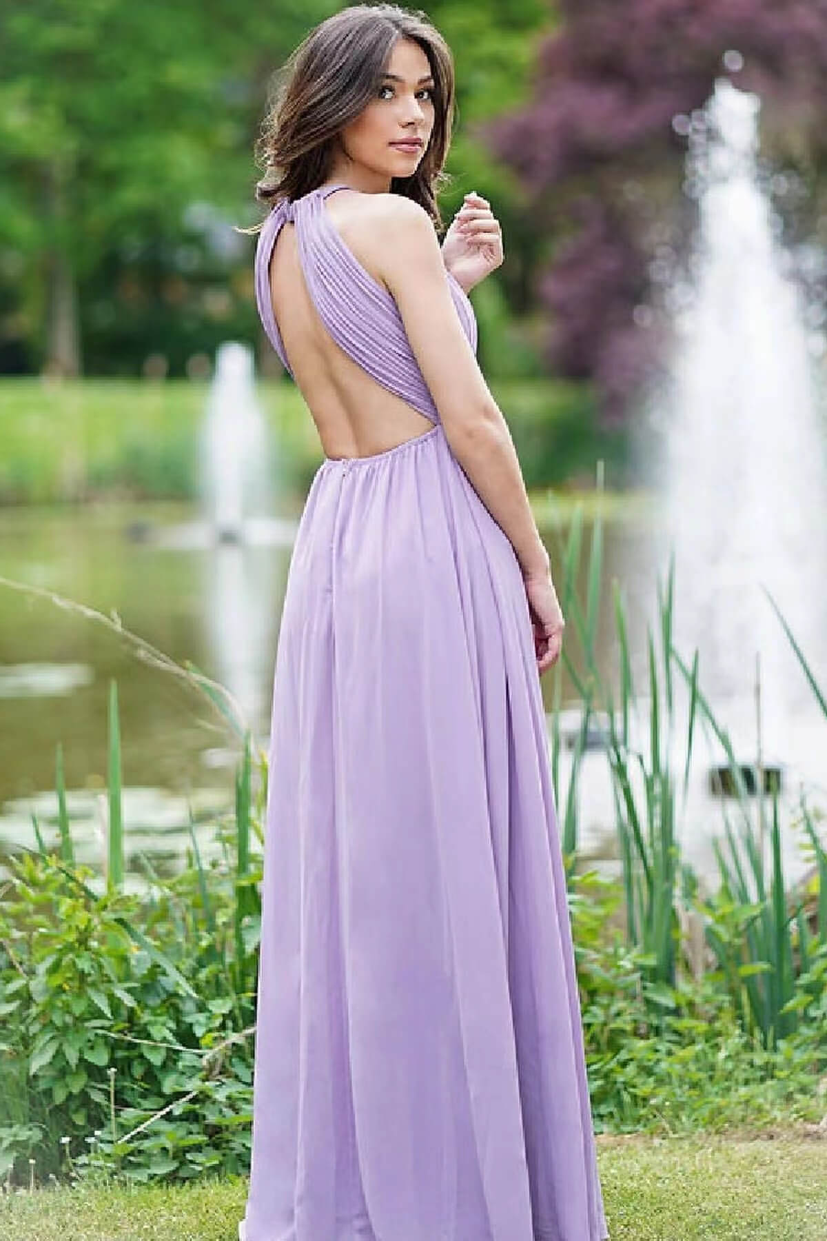 Elegantes, fliederfarbenes, ärmelloses Abendkleid in A-Linie online mit offenem Rücken