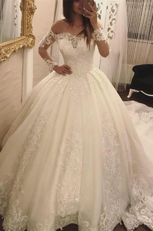 Schulterfreies Ballkleid-Brautkleid mit langen Ärmeln und Spitzenapplikationen