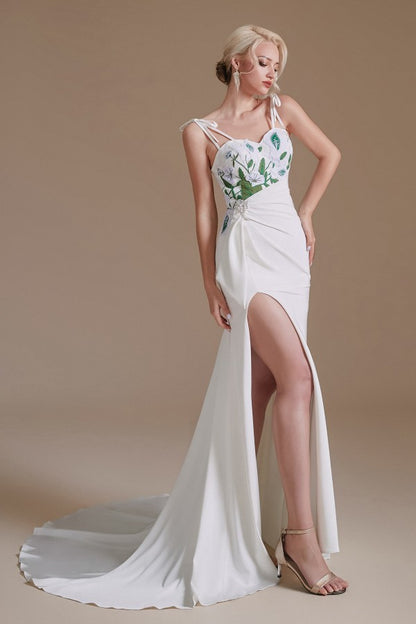 Wunderschönes, langes Meerjungfrau-Brautkleid aus Satin mit Spaghettiträgern und offenem Rücken und Schlitz
