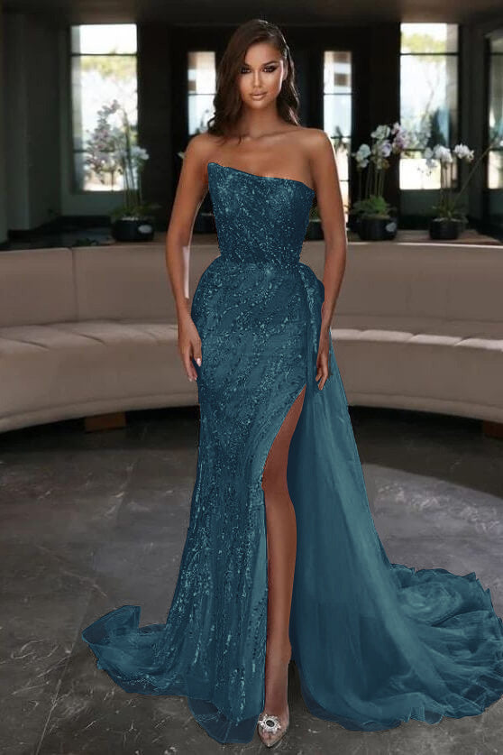 Hellrosa trägerloses Meerjungfrau-Pailletten-Abschlussballkleid mit Schlitz und Rüschen online