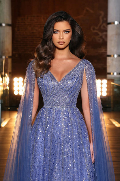 Bezauberndes lavendelfarbenes Abendkleid mit V-Ausschnitt, breiten Trägern, Tüll und Pailletten