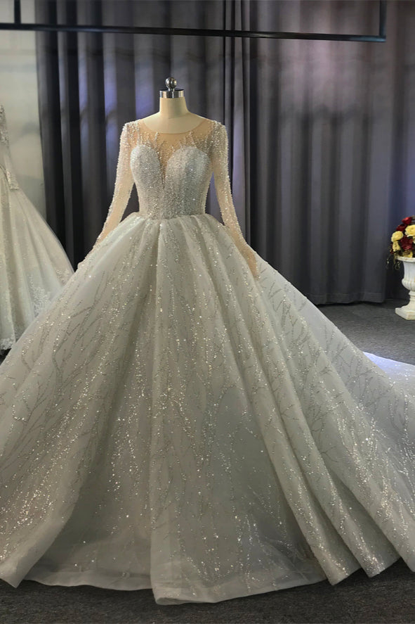 Bateau-Brautkleid mit langen Ärmeln, bodenlangem Ballkleid und Rüschen