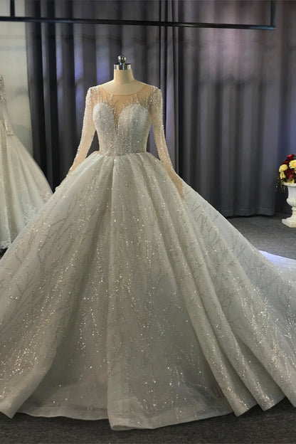Bateau-Brautkleid mit langen Ärmeln, bodenlangem Ballkleid und Rüschen