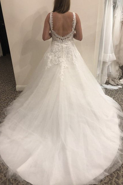 Spitzenapplikationen, Tüll, rückenfreies Brautkleid, V-Ausschnitt, A-Linie, ärmellos