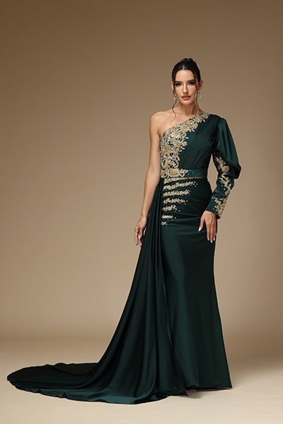 Einschultriges dunkelgrünes Ballkleid mit langen Ärmeln und Spitzendruck