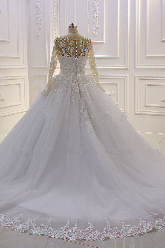 Bateau-Brautkleid in A-Linie mit langärmeliger Spitze, Perlentüll und Applikationen