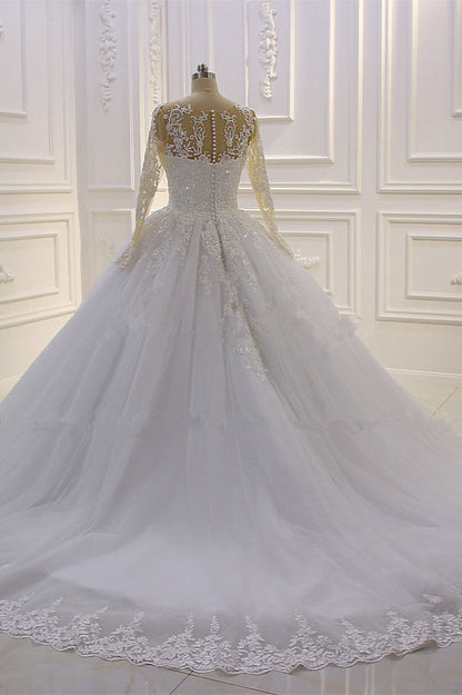Bateau-Brautkleid in A-Linie mit langärmeliger Spitze, Perlentüll und Applikationen