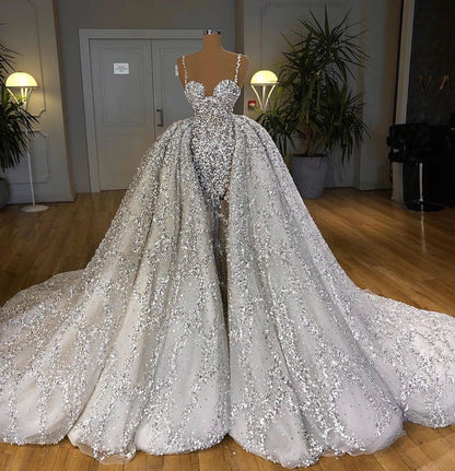 Brillantes Schatz-Pailletten-Meerjungfrau-Brautkleid mit Rüschenschleppe