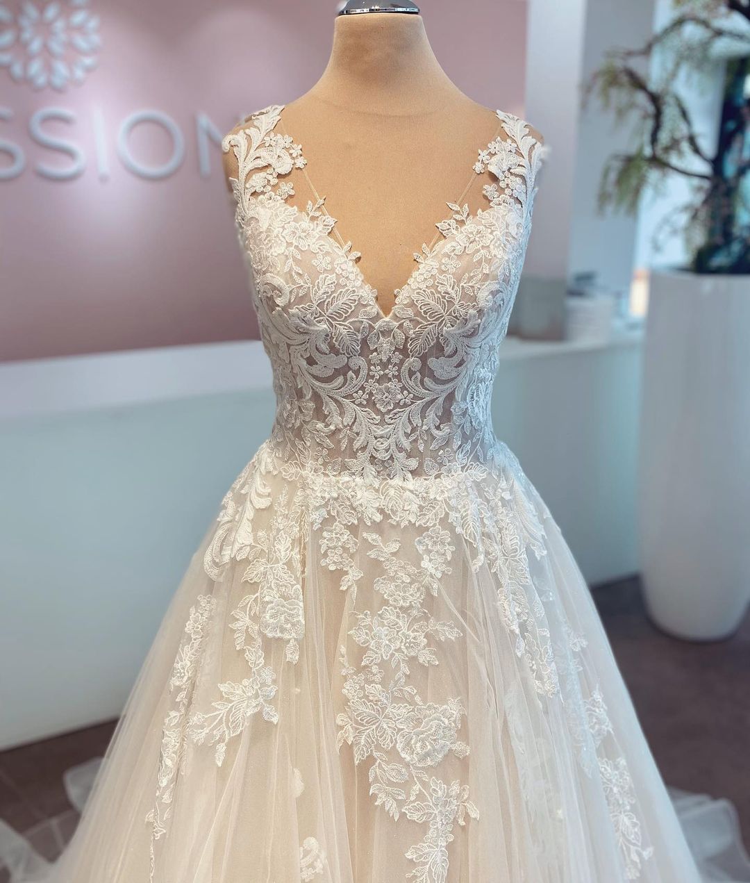 Langes, ärmelloses Brautkleid aus Tüll mit V-Ausschnitt und Spitze in A-Linie