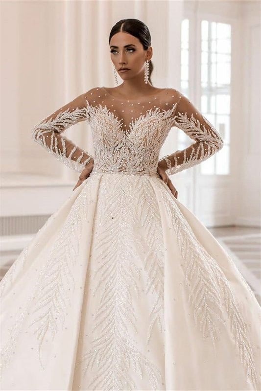 Bateau-Ballkleid-Brautkleid mit langen Ärmeln und Applikationen