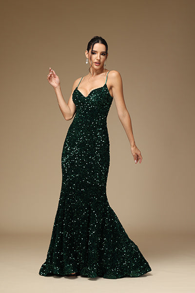 Dunkelgrünes Abendkleid mit Spaghettiträgern und langen, sexy Squins mit V-Ausschnitt