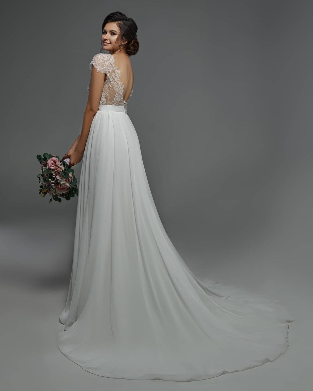 Bmbridal Cap Sleevels Spitze Chiffon Hochzeit Dress Boho Bridal Gown