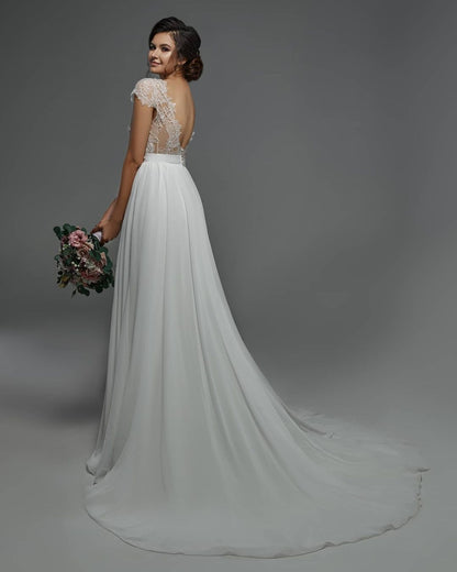 Bmbridal Cap Sleevels Spitze Chiffon Hochzeit Dress Boho Bridal Gown