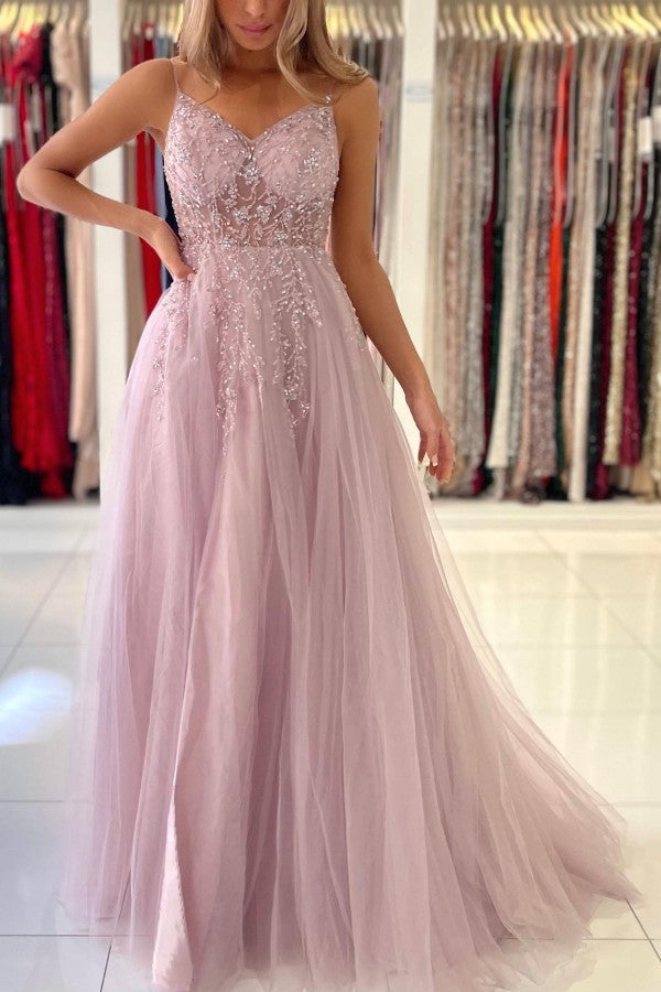 A-Linien-Abendkleid aus Tüll mit Spaghettiträgern und Perlenverzierung