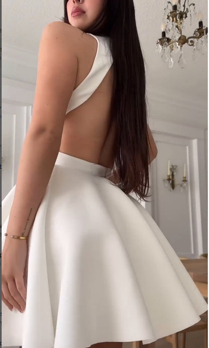 Sexy weißes kurzes Ballkleid mit Neckholder, A-Linie, Ballkleid