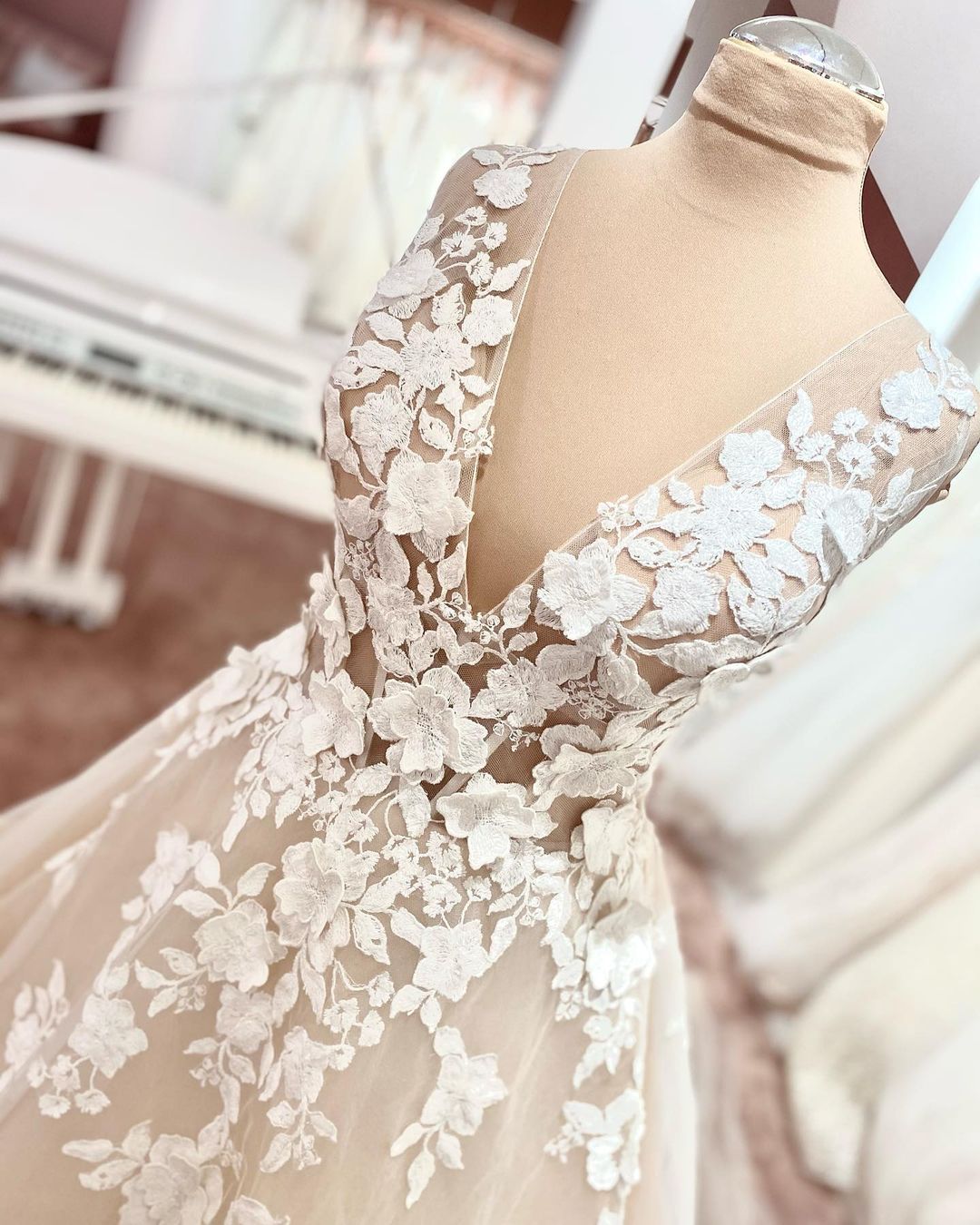Dasida Vintage A-Linie V-Ausschnitt, breite Träger, rückenfreies Brautkleid mit Applikationen, Spitzentüll