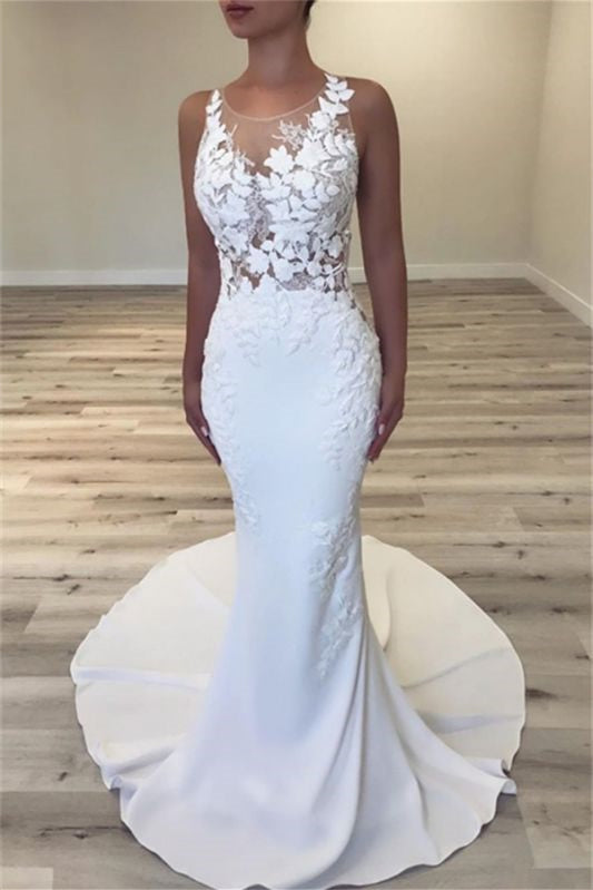 Ärmelloses, juwelenlanges Brautkleid im Meerjungfrau-Stil mit Spitzenapplikationen