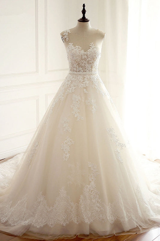 Langes Brautkleid A-Linie Hochzeitskleider mit Spitzenapplikationen