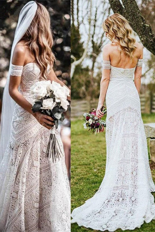 Schulterfreies Boho-Brautkleid im Meerjungfrau-Stil mit Spitze