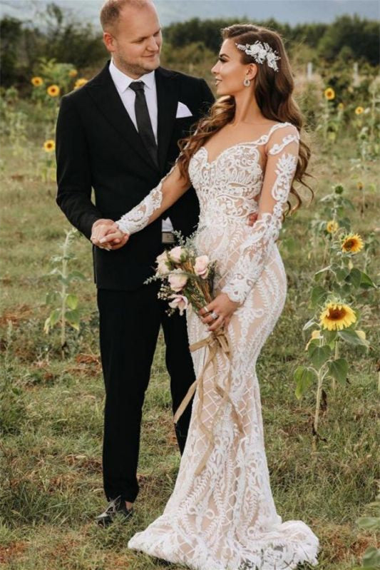 Illusions-Brautkleid mit langen Ärmeln, Meerjungfrau und Spitze online