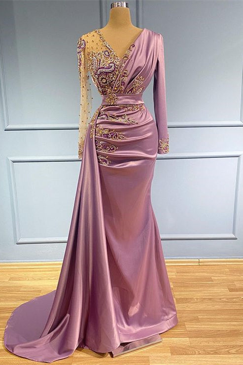 Ballkleid mit langen Ärmeln und V-Ausschnitt und Meerjungfrau-Perlen