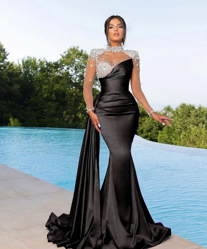 Lila Abendkleid im Meerjungfrau-Stil, lang, aus Satin mit Schleppe, langen Ärmeln