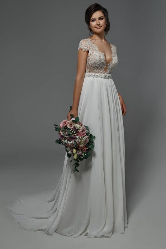 Bmbridal Cap Sleevels Spitze Chiffon Hochzeit Dress Boho Bridal Gown