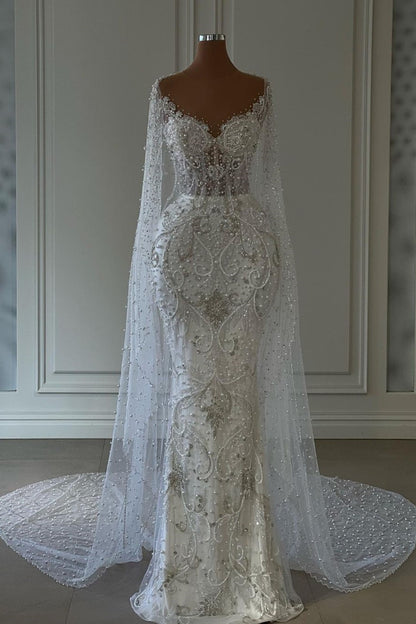 Ovlias Weißes Brautkleid mit langen Ärmeln und Perlenverzierung aus Tüll