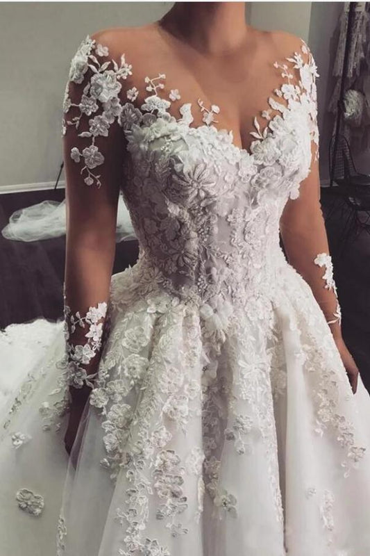 Bateau-Brautkleid in A-Linie mit langen Ärmeln und Spitzenapplikationen