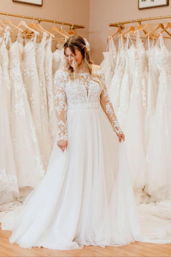 Schlichtes schulterfreies Tüll-Brautkleid in A-Linie mit langen Ärmeln und Spitze